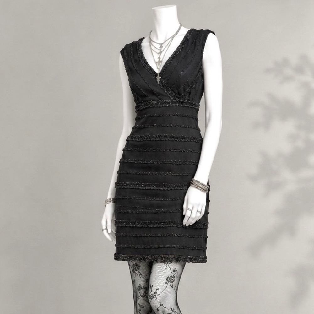 Vintage Tadashi Shoji Black Sequin Ruffle Whimsigoth Mini Sheath Dress US Size 2